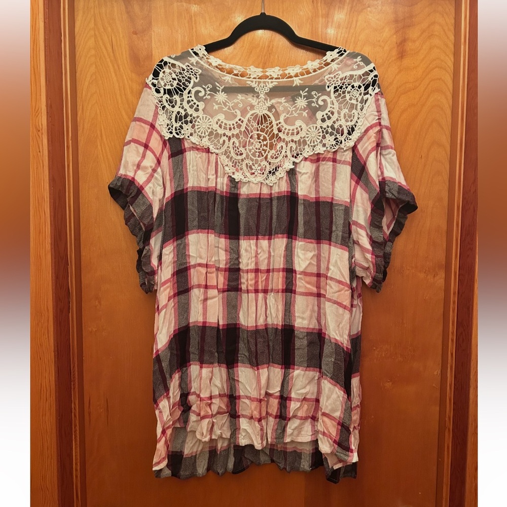 torrid Pink & Black Plaid Tunic with Lace Yoke